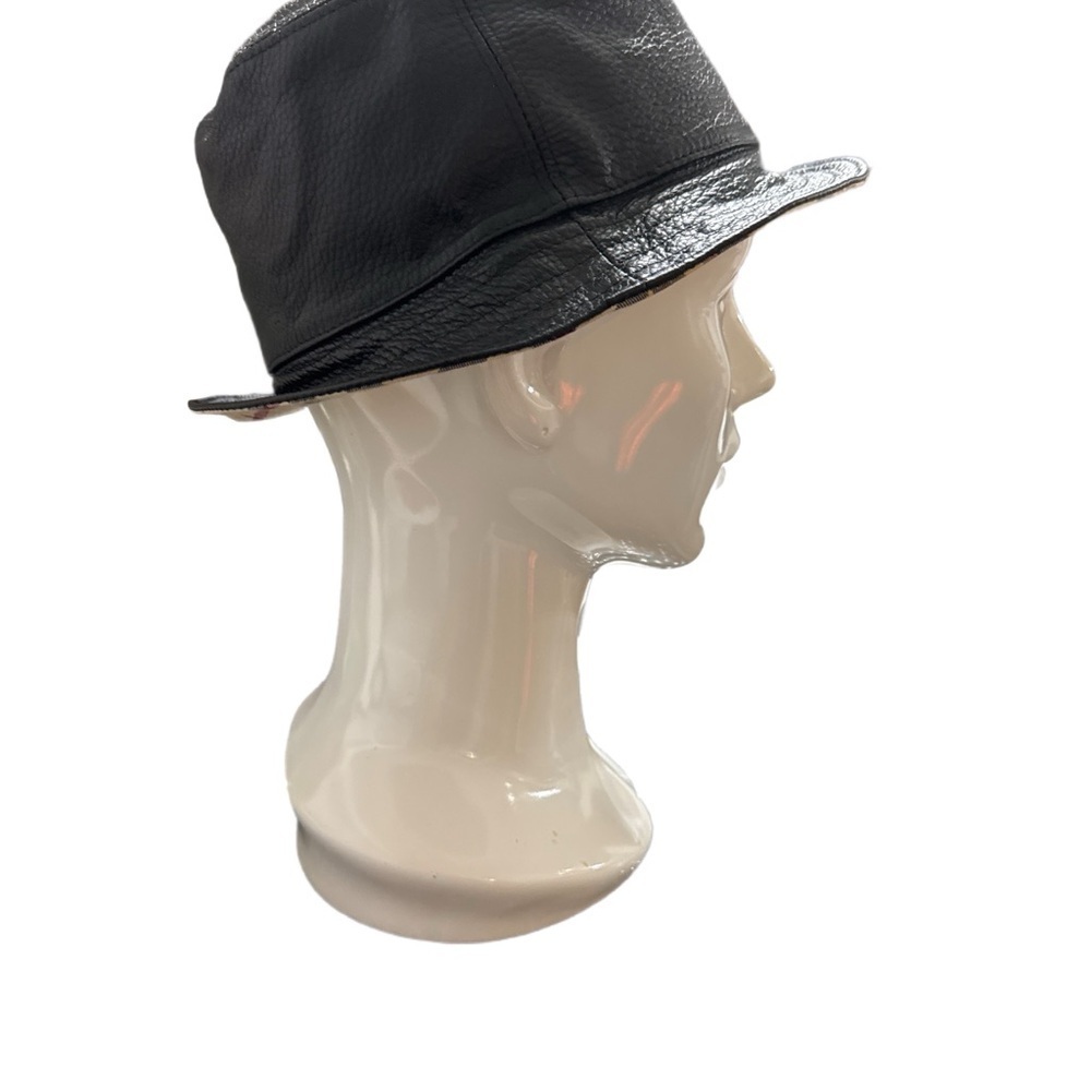 Black Leather Bucket Hat with Plaid Trim
(REVERSIBLE) - Picture 4 of 5